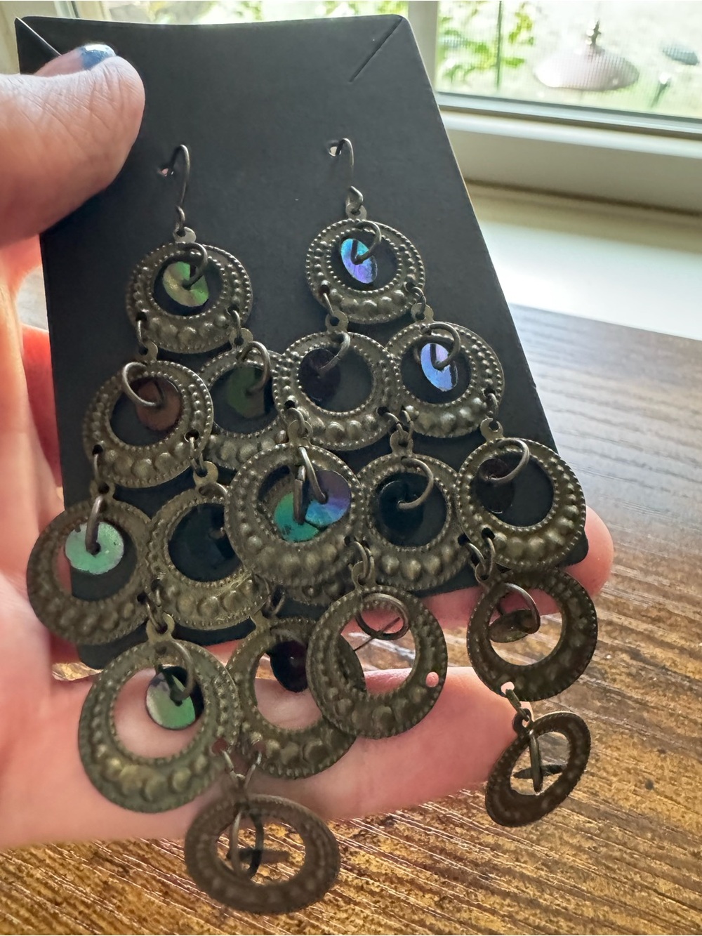 Bohemian Iridescent Sequin Brass Chandelier Earrings